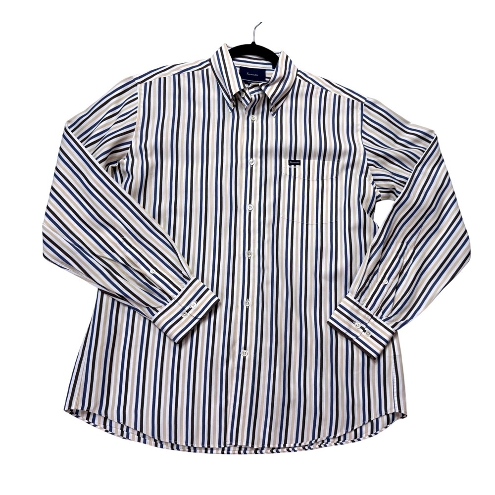 Faconnable Button Down Shirt Mens L Blue Striped Excellent Long Sleeve Cotton